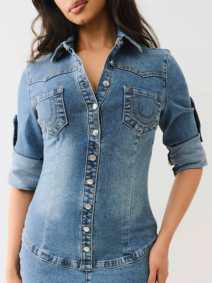 TRUE RELIGION Y2K MINI DENIM SHIRT DRESS