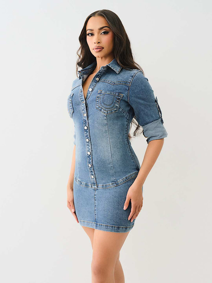 TRUE RELIGION Y2K MINI DENIM SHIRT DRESS