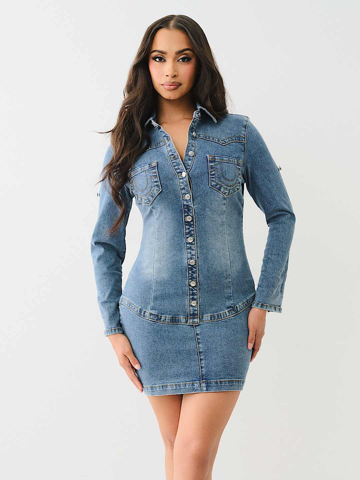 TRUE RELIGION Y2K MINI DENIM SHIRT DRESS