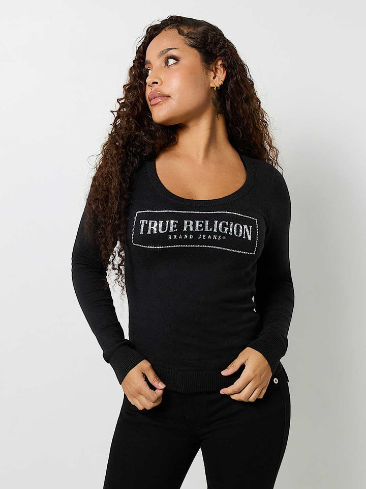 TRUE RELIGION CRYSTAL LOGO SCOOP NECK SWEATER