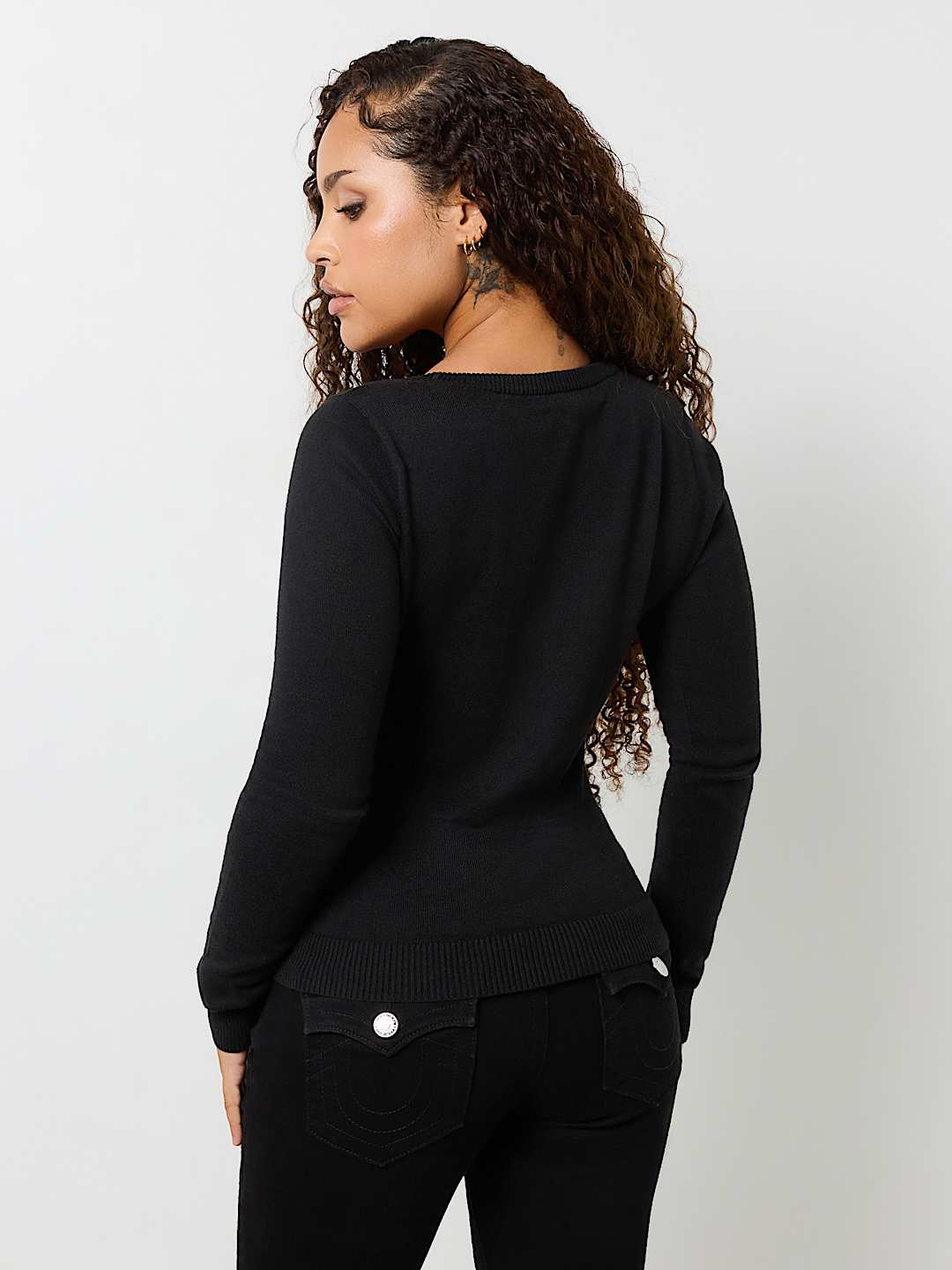 TRUE RELIGION CRYSTAL LOGO SCOOP NECK SWEATER