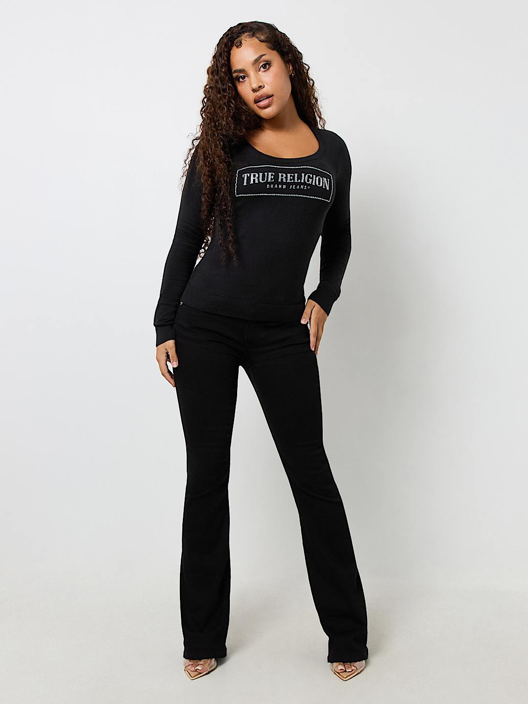 TRUE RELIGION CRYSTAL LOGO SCOOP NECK SWEATER
