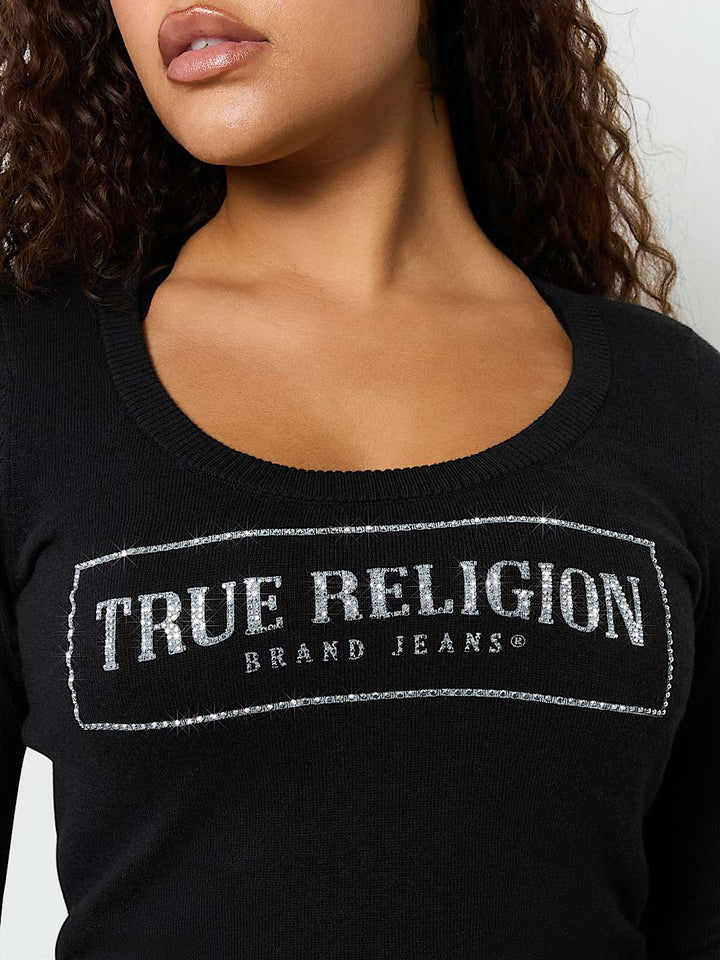 TRUE RELIGION CRYSTAL LOGO SCOOP NECK SWEATER