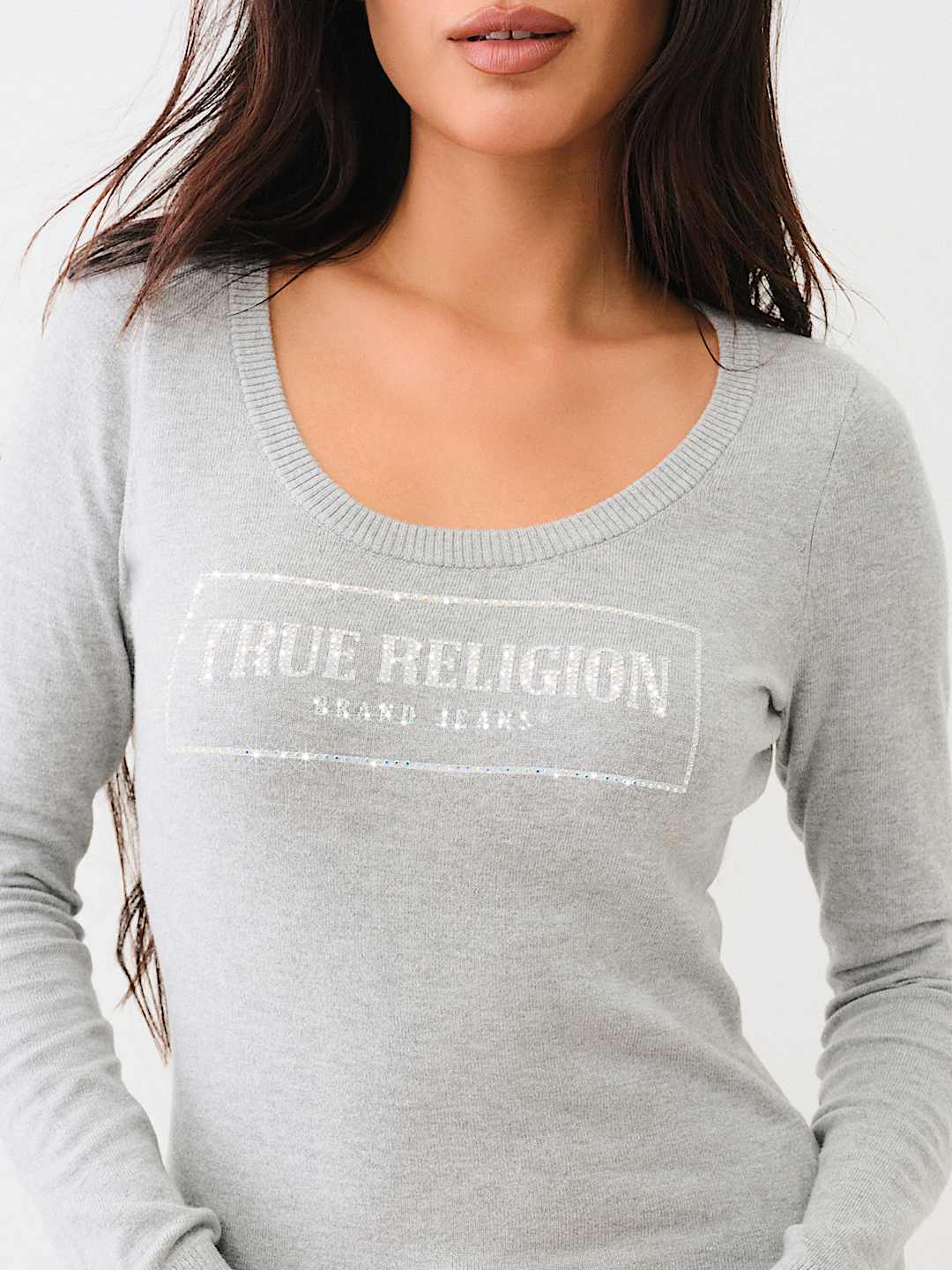 TRUE RELIGION CRYSTAL LOGO SCOOP NECK SWEATER