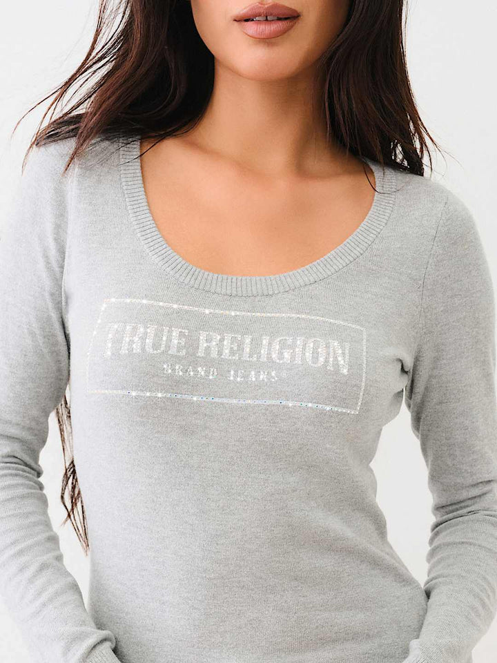 TRUE RELIGION CRYSTAL LOGO SCOOP NECK SWEATER