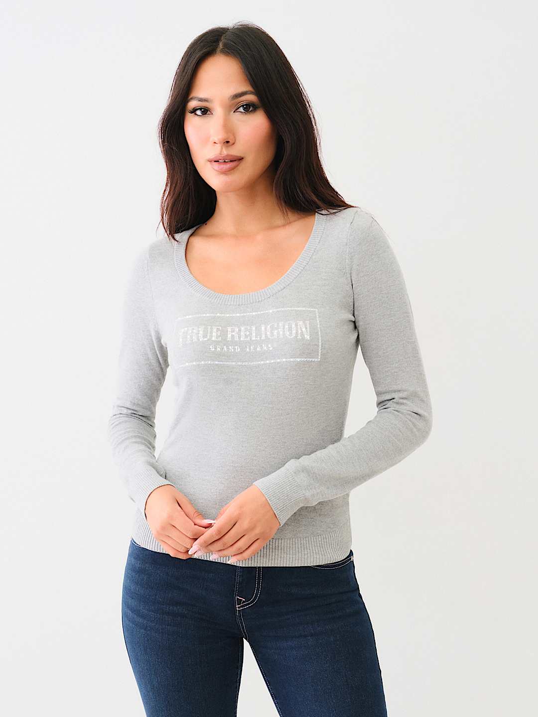 TRUE RELIGION CRYSTAL LOGO SCOOP NECK SWEATER