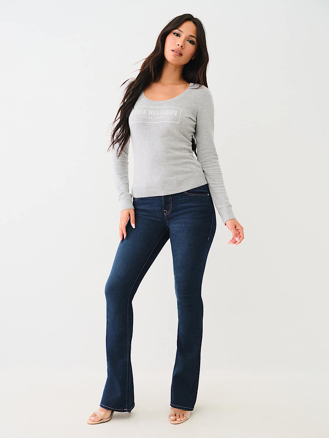 TRUE RELIGION CRYSTAL LOGO SCOOP NECK SWEATER