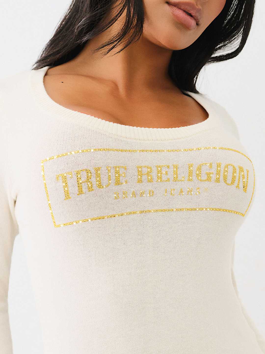 TRUE RELIGION CRYSTAL LOGO SCOOP NECK SWEATER