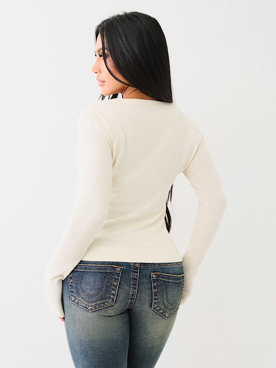 TRUE RELIGION CRYSTAL LOGO SCOOP NECK SWEATER