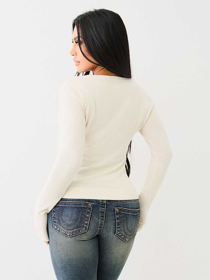 TRUE RELIGION CRYSTAL LOGO SCOOP NECK SWEATER