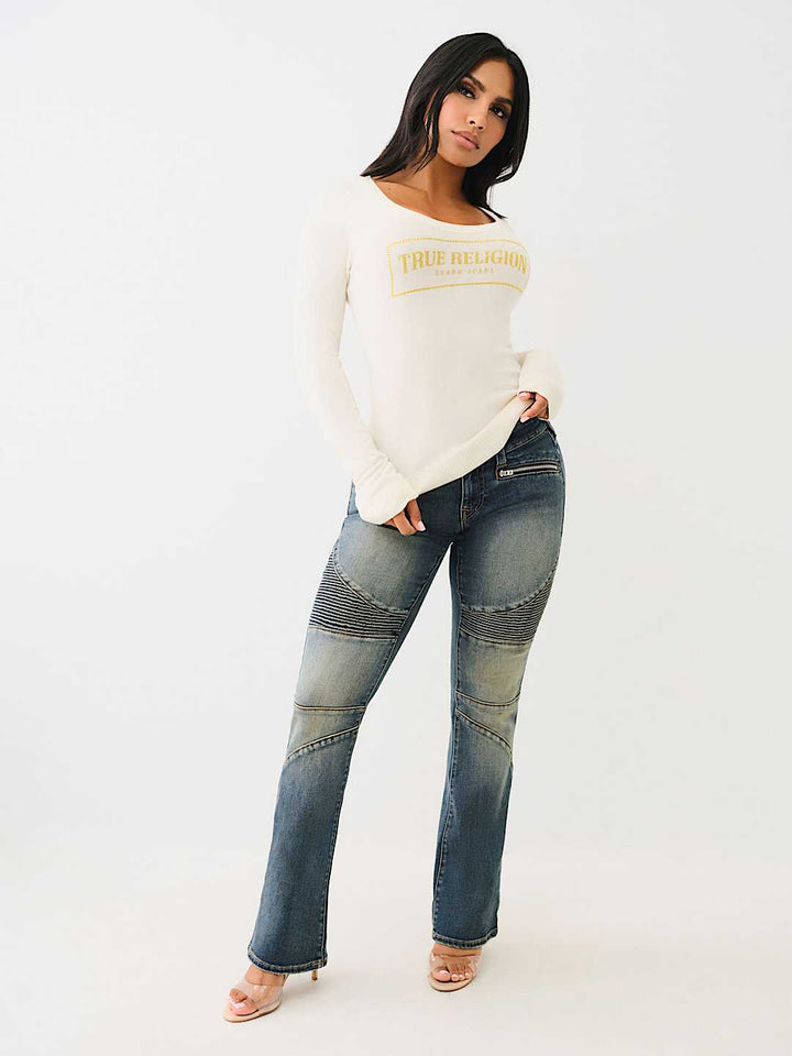 TRUE RELIGION CRYSTAL LOGO SCOOP NECK SWEATER