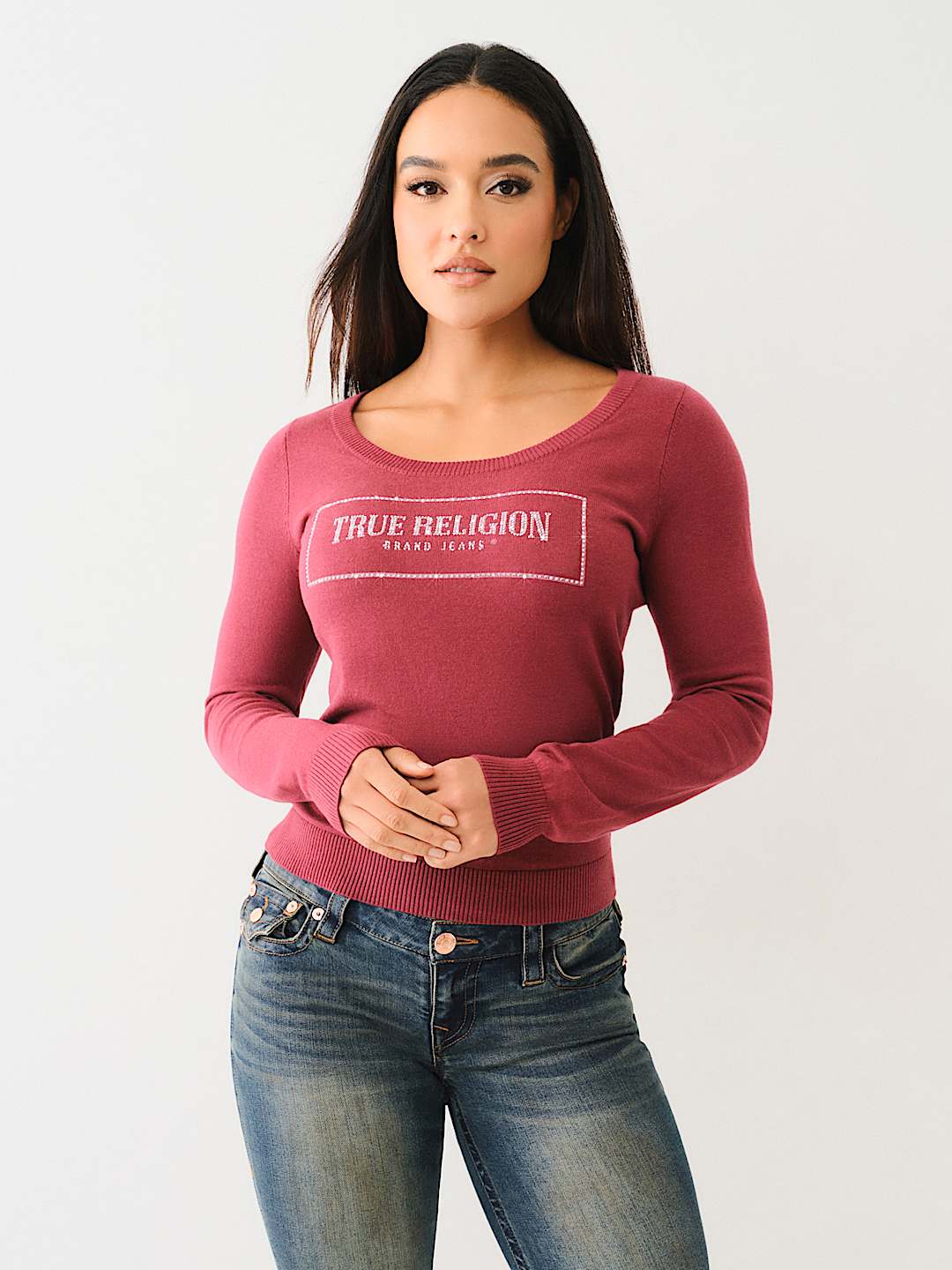TRUE RELIGION CRYSTAL LOGO SCOOP NECK SWEATER