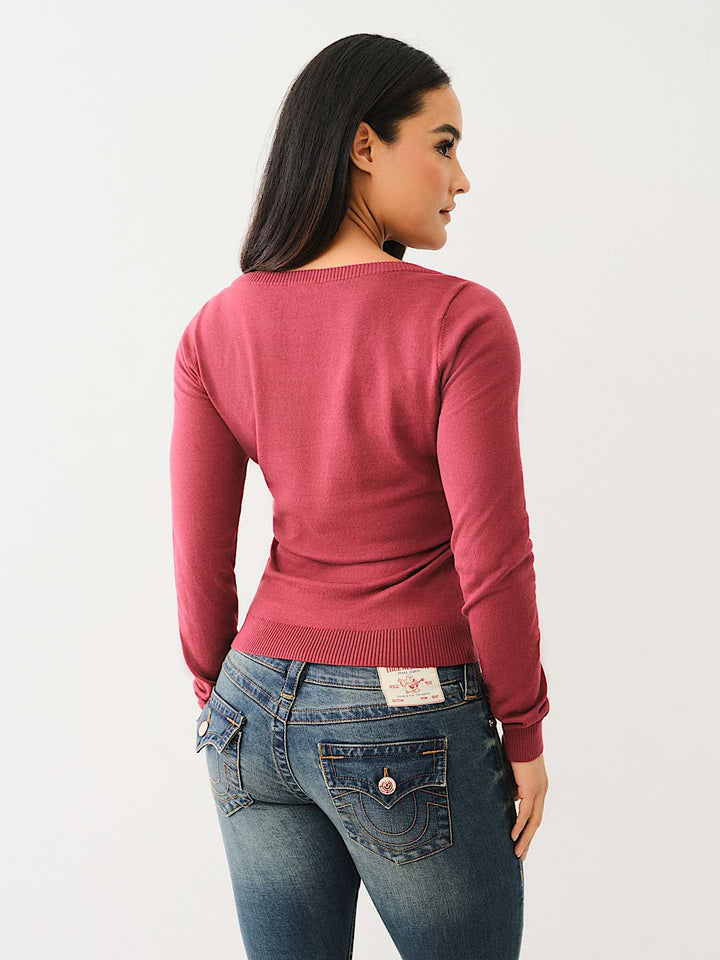 TRUE RELIGION CRYSTAL LOGO SCOOP NECK SWEATER