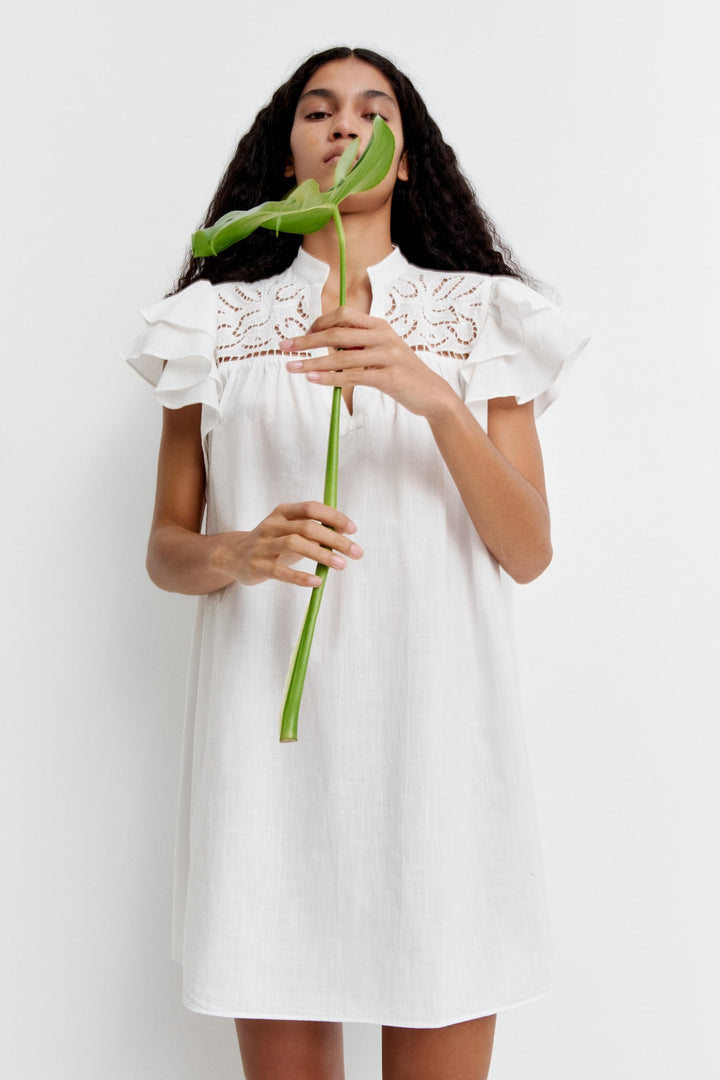 H&M Flutter-Sleeve Dress with Eyelet Embroidery