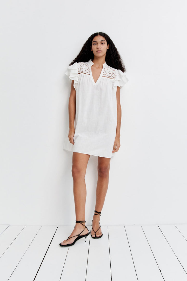 H&M Flutter-Sleeve Dress with Eyelet Embroidery