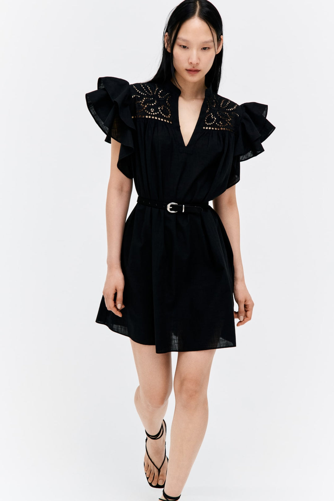 H&M Flutter-Sleeve Dress with Eyelet Embroidery
