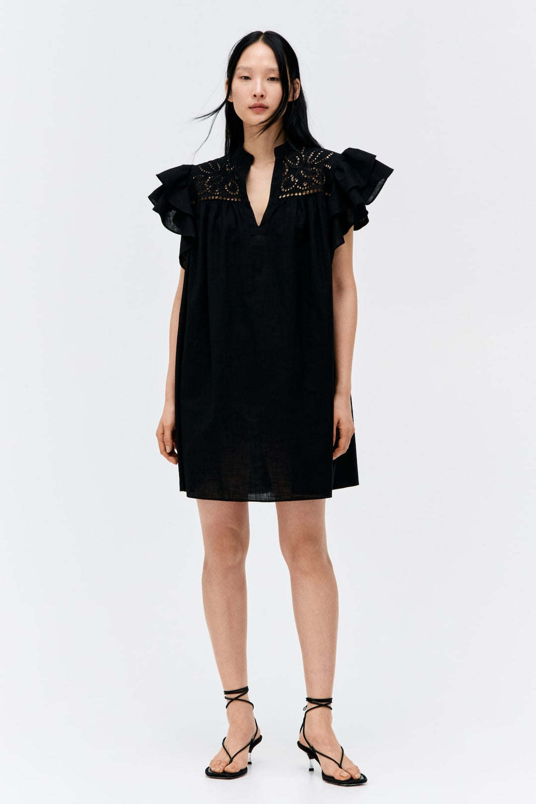 H&M Flutter-Sleeve Dress with Eyelet Embroidery