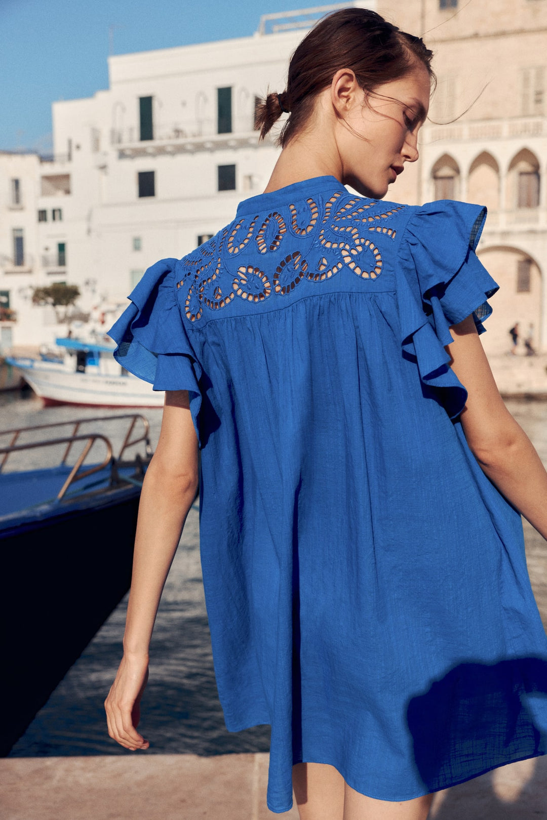 H&M Flutter-Sleeve Dress with Eyelet Embroidery