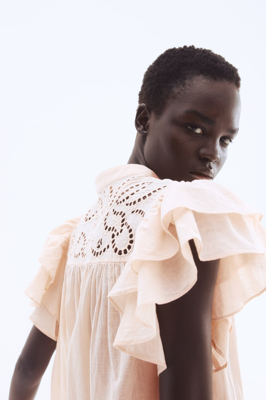 H&M Flutter-Sleeve Dress with Eyelet Embroidery