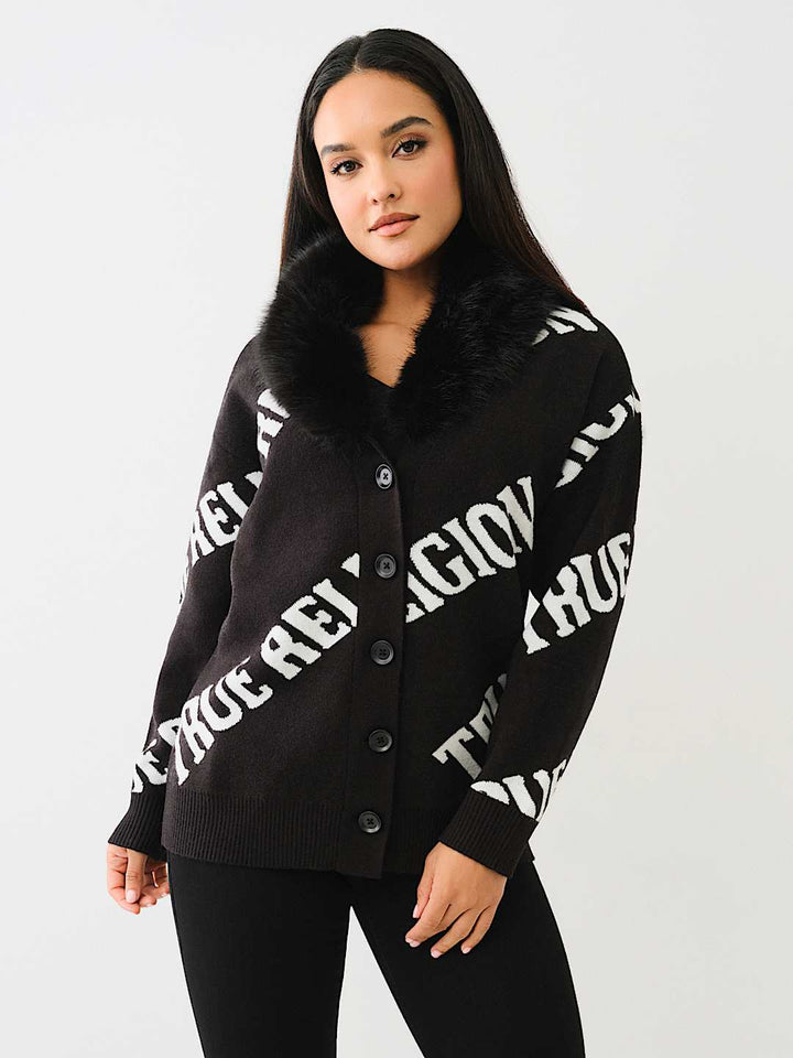 TRUE RELIGION BEST SELLER FUR TRIM LOGO CARDIGAN