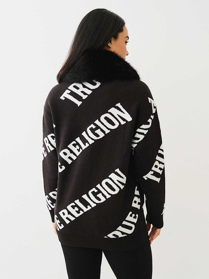 TRUE RELIGION BEST SELLER FUR TRIM LOGO CARDIGAN