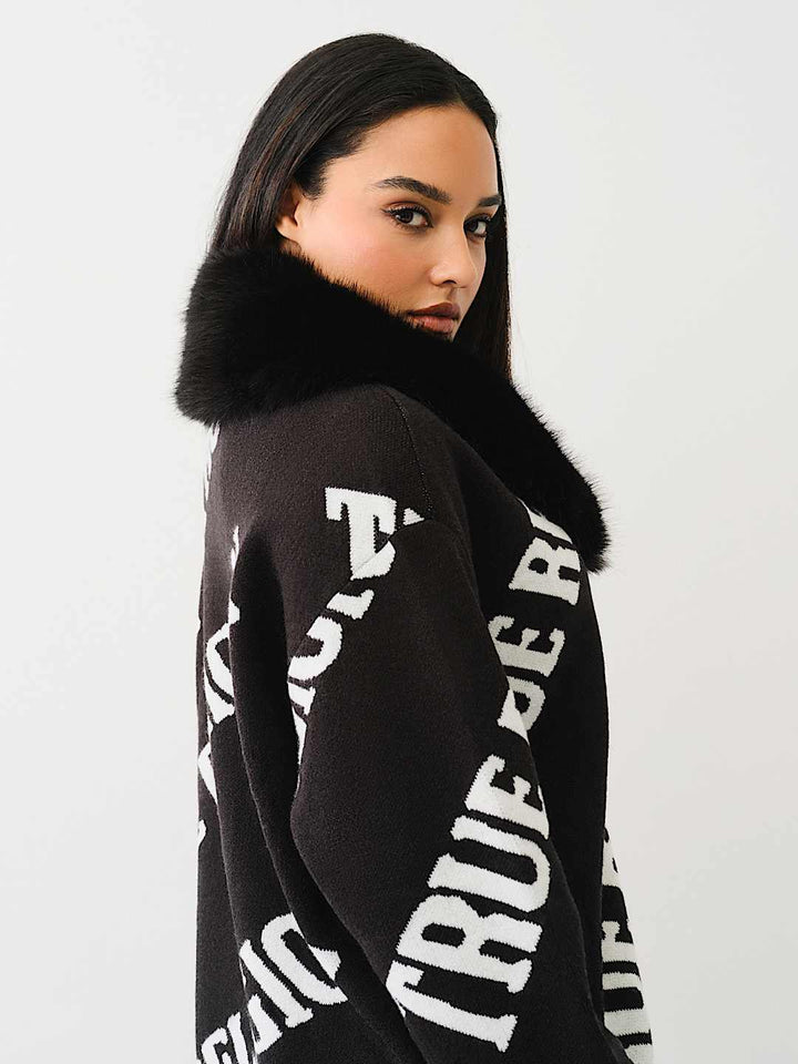 TRUE RELIGION BEST SELLER FUR TRIM LOGO CARDIGAN