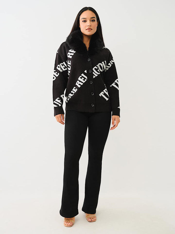 TRUE RELIGION BEST SELLER FUR TRIM LOGO CARDIGAN