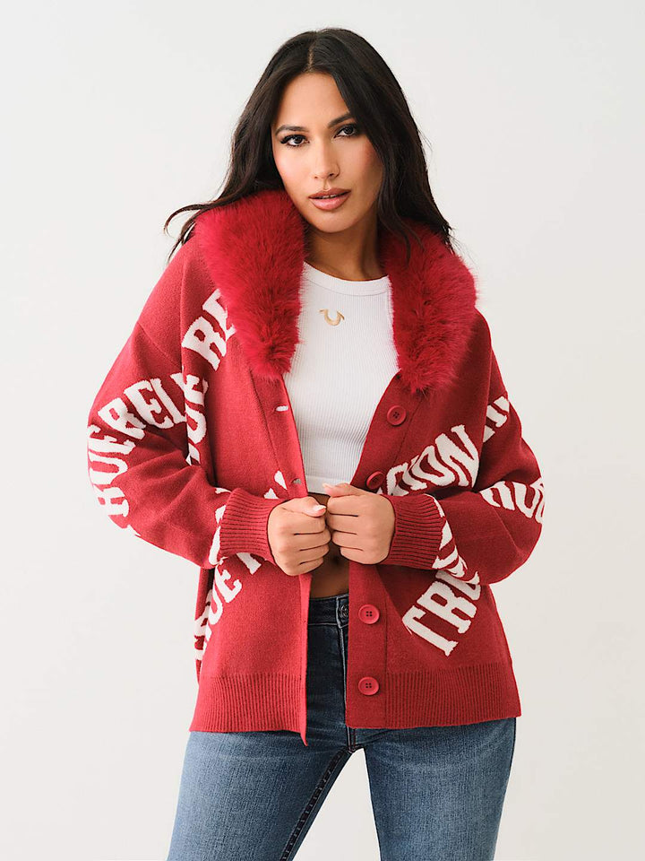 TRUE RELIGION BEST SELLER FUR TRIM LOGO CARDIGAN