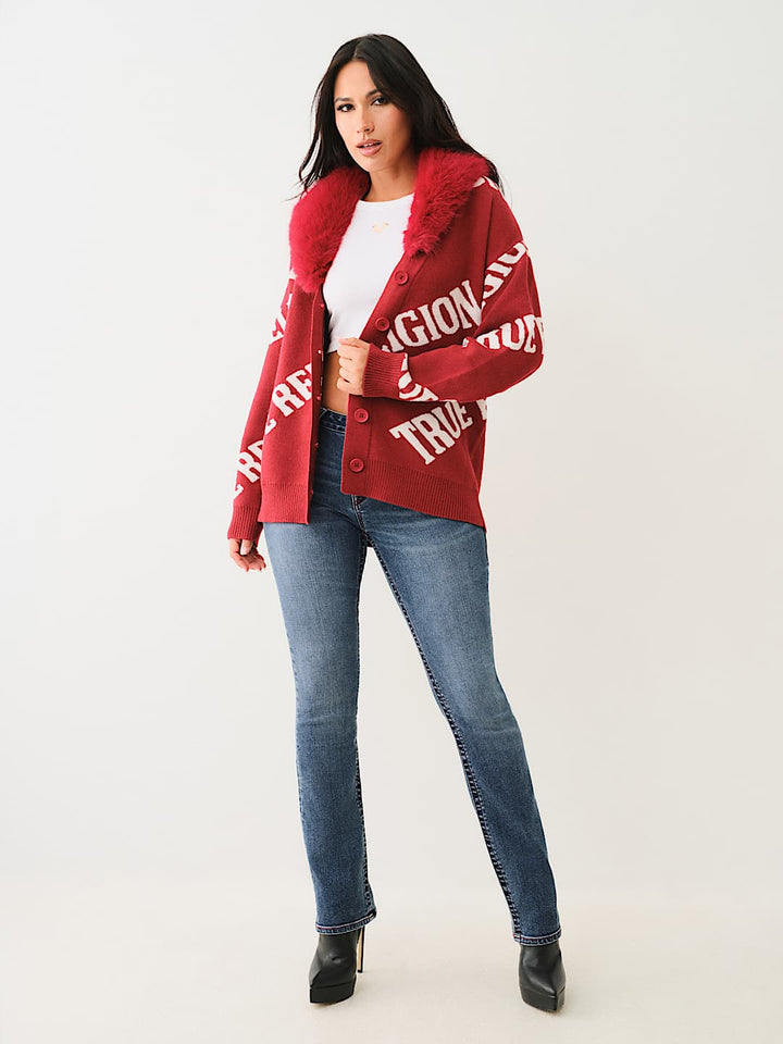 TRUE RELIGION BEST SELLER FUR TRIM LOGO CARDIGAN