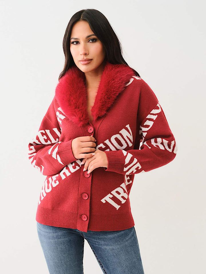 TRUE RELIGION BEST SELLER FUR TRIM LOGO CARDIGAN