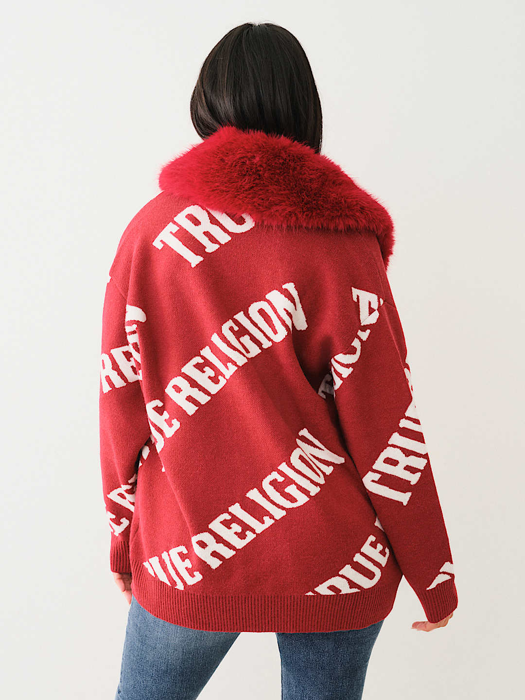 TRUE RELIGION BEST SELLER FUR TRIM LOGO CARDIGAN