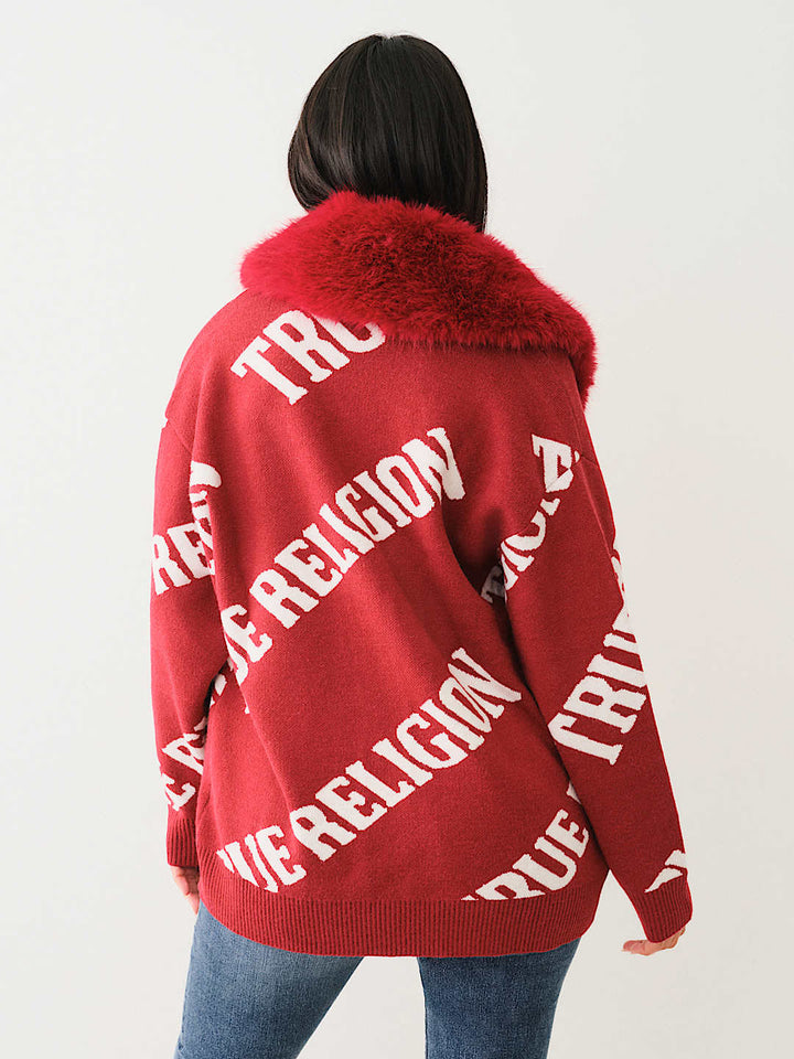 TRUE RELIGION BEST SELLER FUR TRIM LOGO CARDIGAN