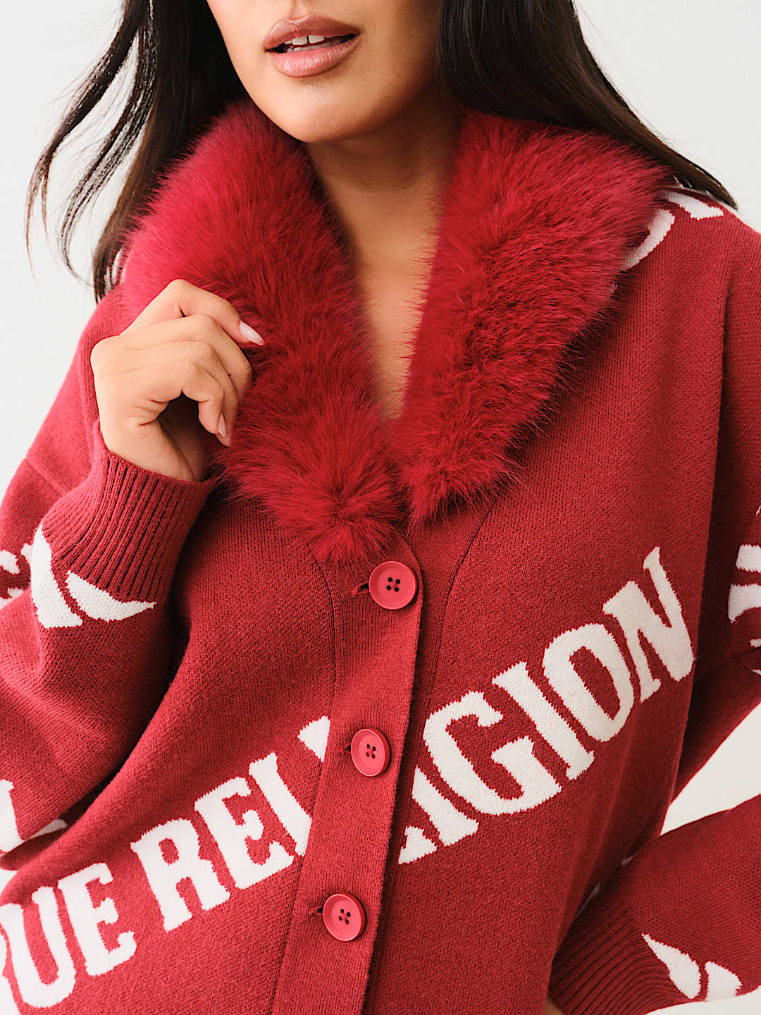 TRUE RELIGION BEST SELLER FUR TRIM LOGO CARDIGAN