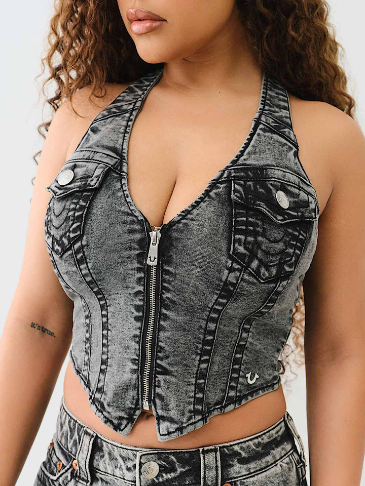 TRUE RELIGION ZIP DENIM HALTER TOP