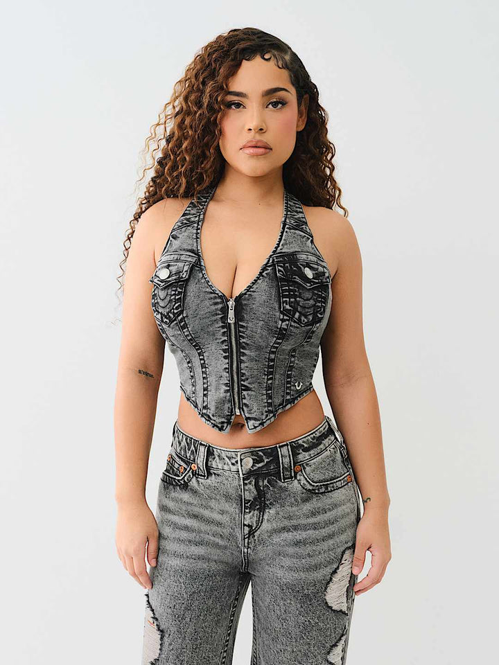 TRUE RELIGION ZIP DENIM HALTER TOP
