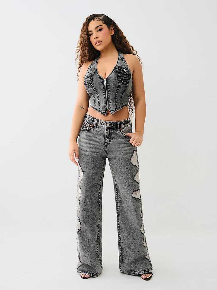 TRUE RELIGION ZIP DENIM HALTER TOP