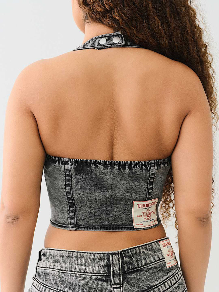 TRUE RELIGION ZIP DENIM HALTER TOP