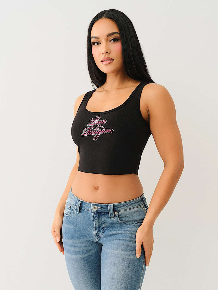 TRUE RELIGION NEW MARKDOWN CRYSTAL LOGO RAW HEM TANK
