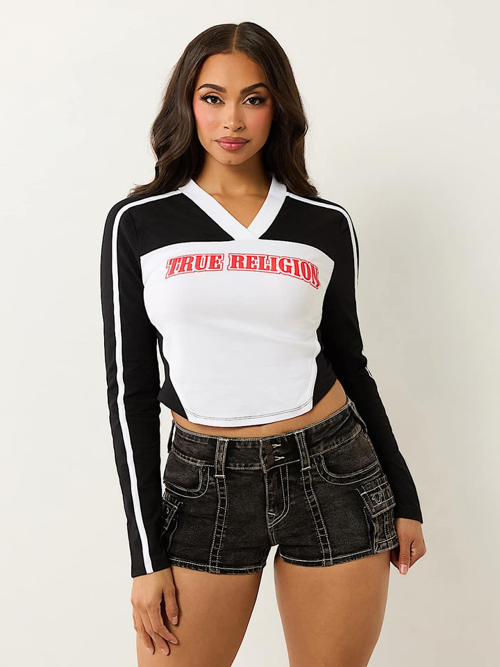TRUE RELIGION ONLINE EXCLUSIVE LONG SLEEVE LOGO V NECK BABY TEE