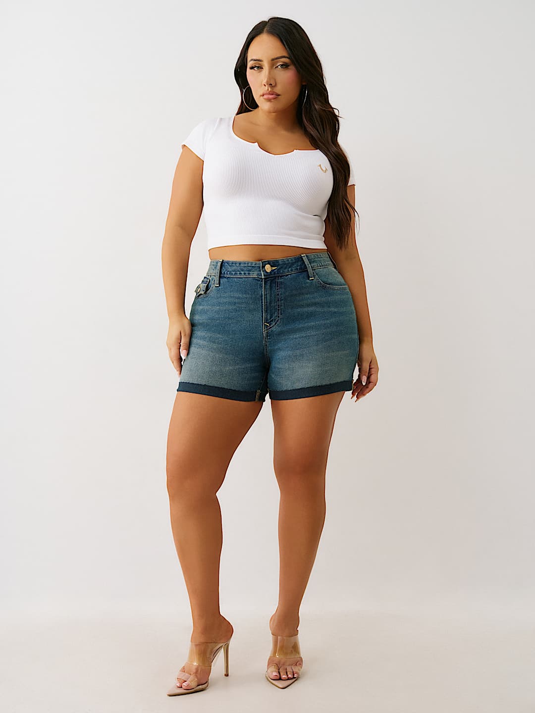 TRUE RELIGION PLUS JENNIE MID RISE FLAP SHORT