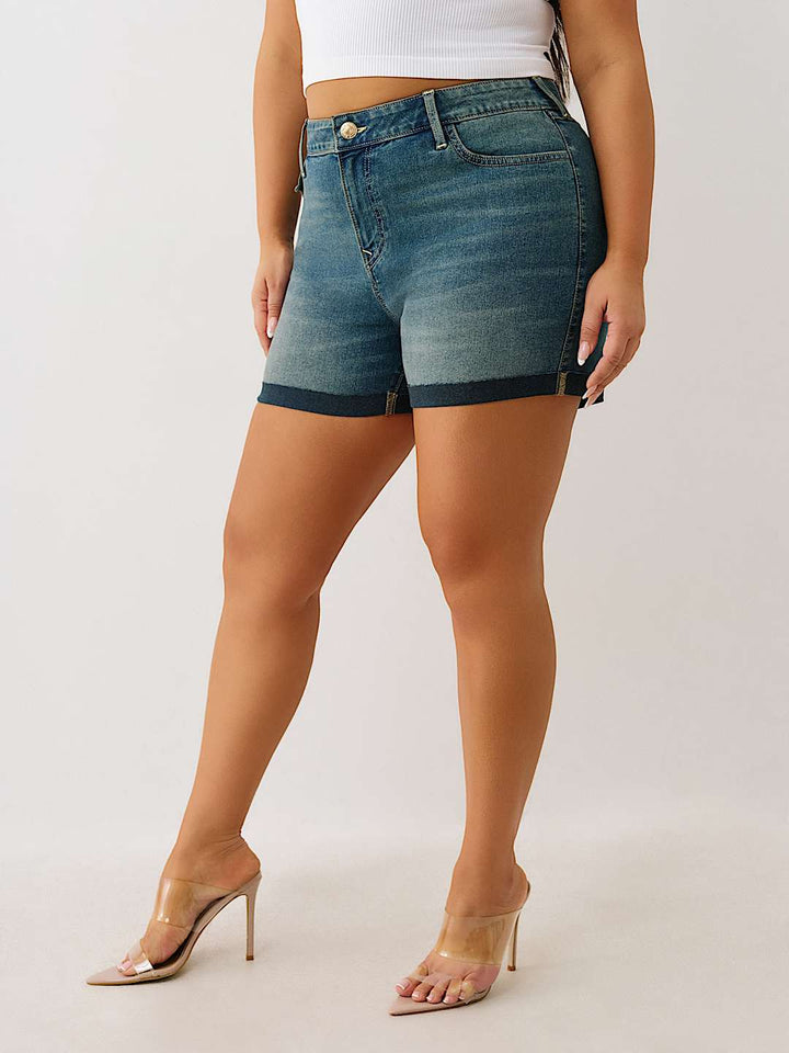 TRUE RELIGION PLUS JENNIE MID RISE FLAP SHORT