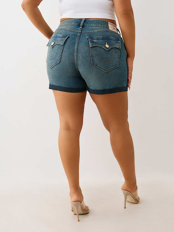 TRUE RELIGION PLUS JENNIE MID RISE FLAP SHORT