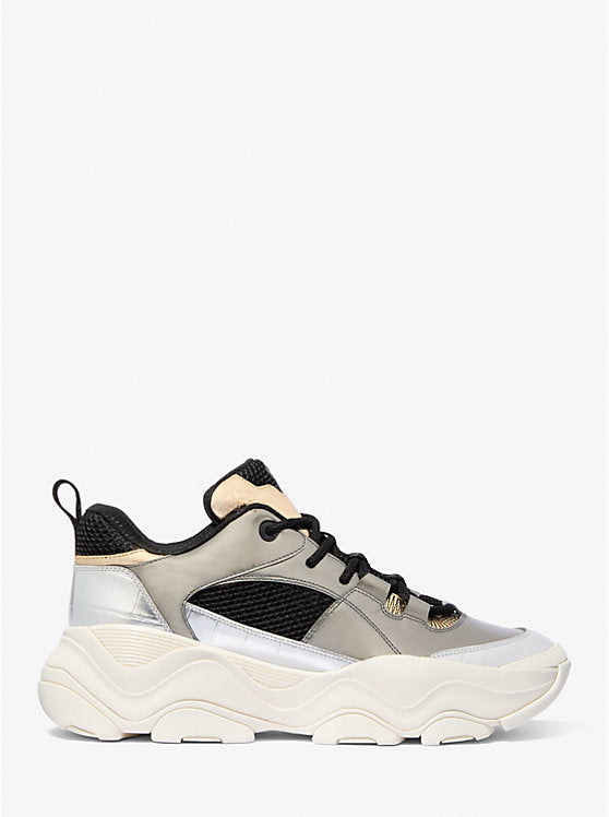 Michael Kors Atlas Color-Block Metallic Leather and Stretch Knit Trainer