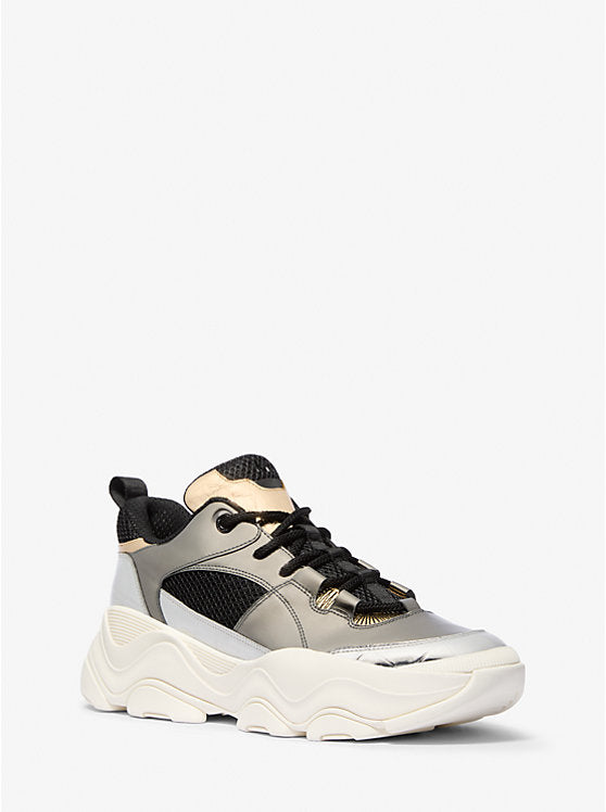 Michael Kors Atlas Color-Block Metallic Leather and Stretch Knit Trainer