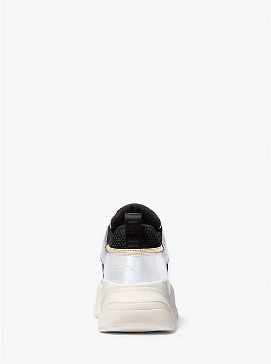 Michael Kors Atlas Color-Block Metallic Leather and Stretch Knit Trainer