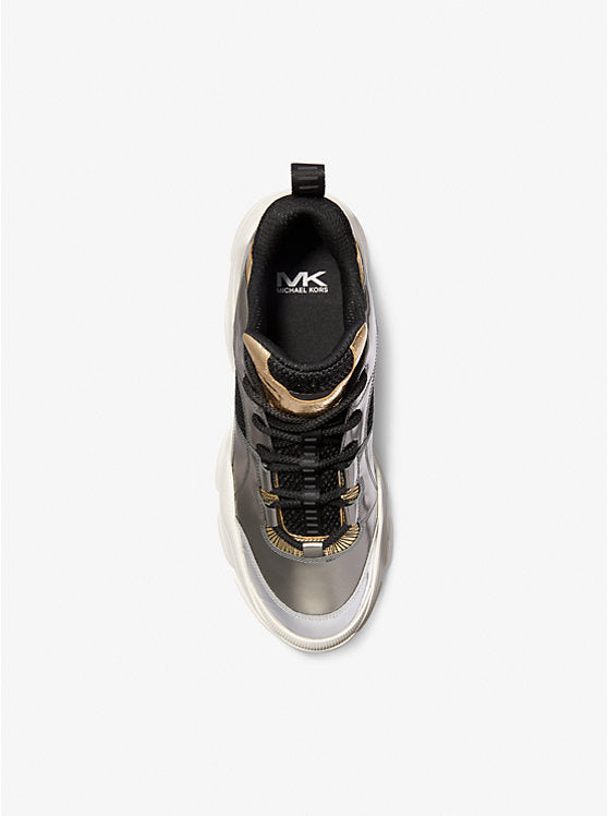 Michael Kors Atlas Color-Block Metallic Leather and Stretch Knit Trainer