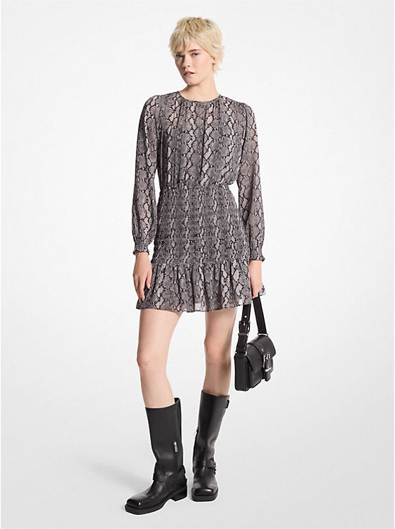 Michael Kors Snake Print Georgette Smocked Dress