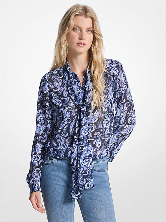 Michael Kors Paisley Print Georgette Tie-Neck Blouse