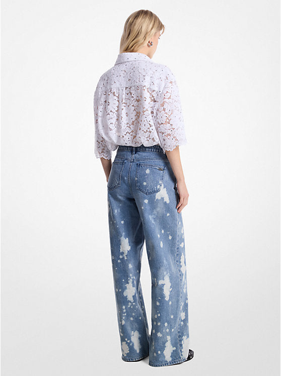 Michael Kors Hand-Splattered Bleach Denim Wide-Leg Jean