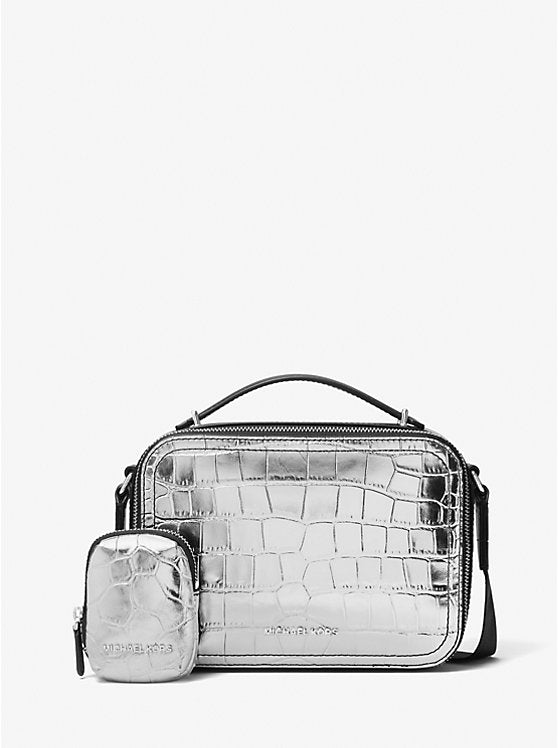 Michael Kors Hudson Metallic Crocodile Embossed Leather Crossbody Bag